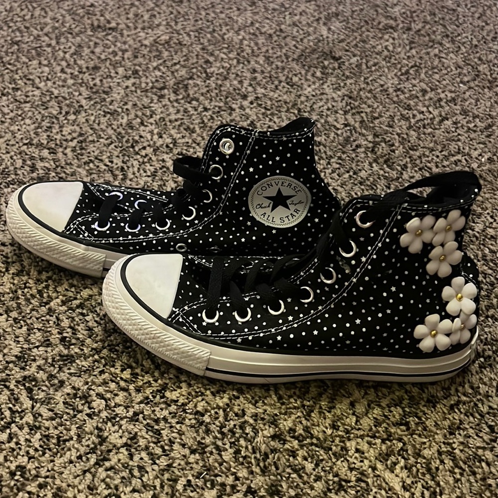 CONVERSE ALL STAR Floral Daisy Polka Dot Black Sneakers Shoes Womens size 7
